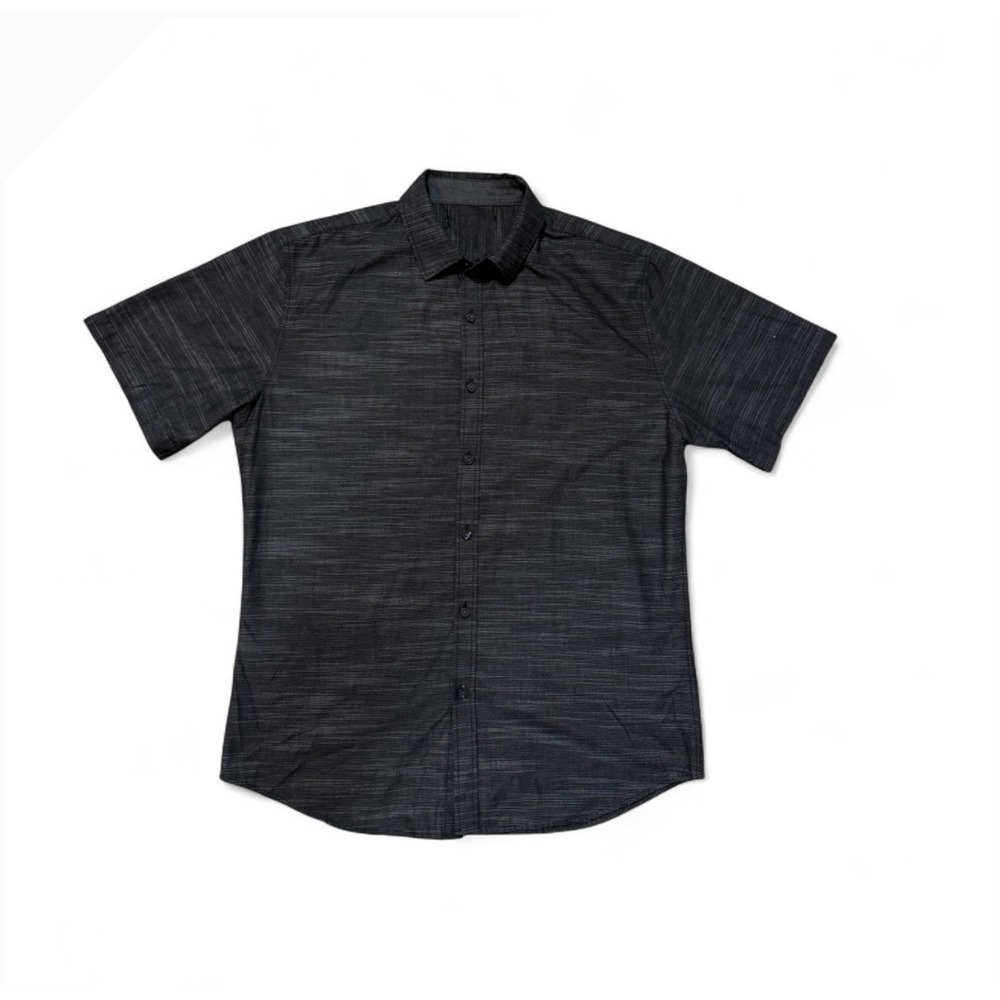 Mens Short Sleeve Button Down Shirt Charcoal Gray Space Dye Cotton Sz L